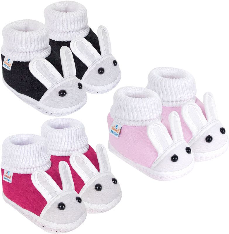Neska Moda 6 To 12 Months Baby Boys & Girls Pack of 3 Pair Cotton Rabbit Face Slip On Baby Booties  (Toe to Heel Length - 12 cm, Black, Pink, Baby Pink)