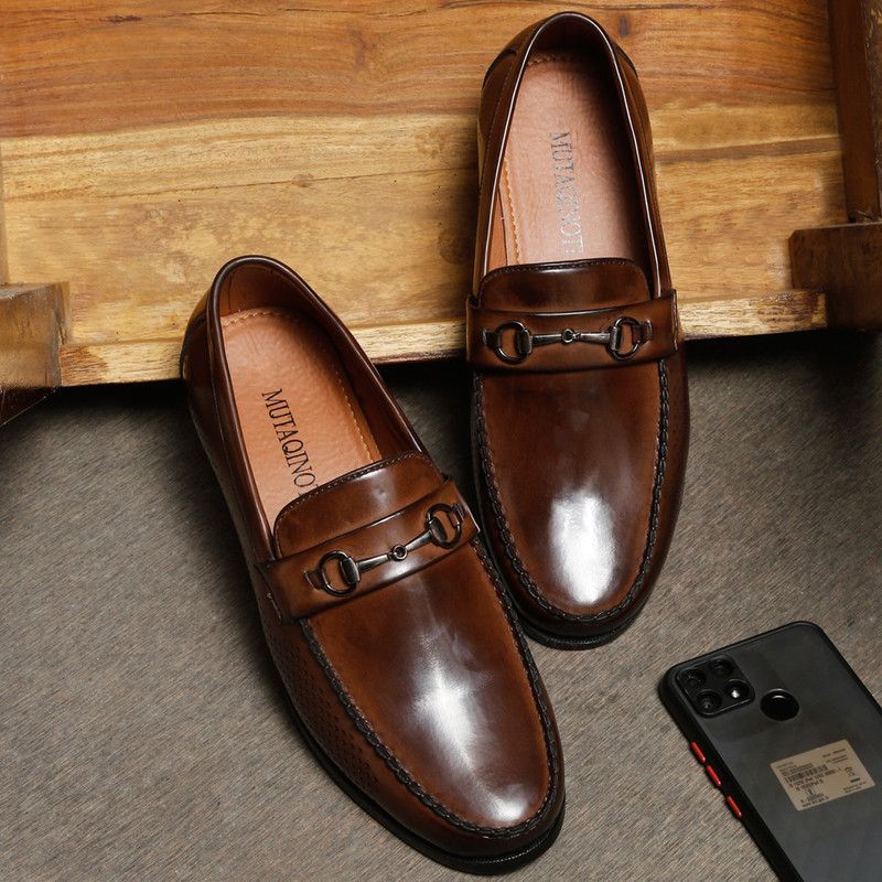 British Brown Leather Patina Work Loafer Casual Shoes For Men 8 UK (LXFLRBBB) Loafers For Men  (Brown)