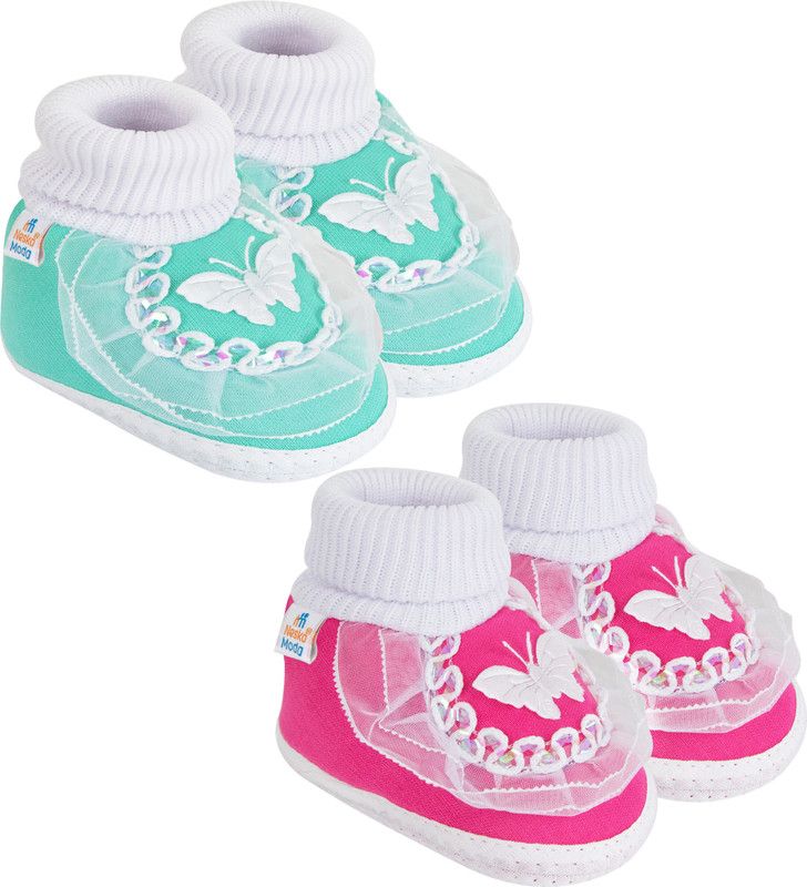 Neska Moda 6 To 12 Month Set of 2 Pair Frill Baby Girls Booties  (Toe to Heel Length - 12 cm, Green, Pink)