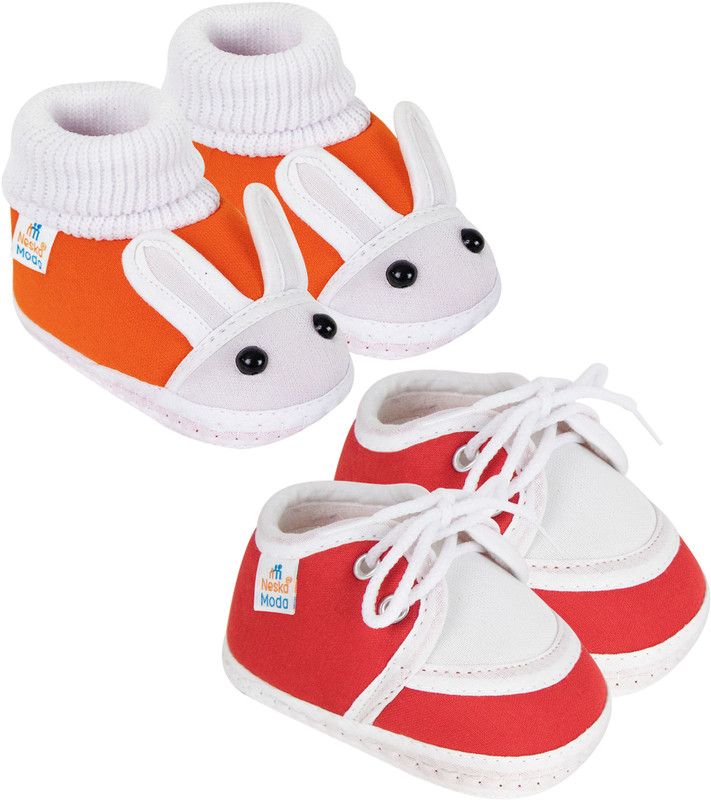 Neska Moda 6 To 12 Months Baby Boys & Baby Girls Pack of 2 Pair Cotton Rabbit Face and Lace Booties  (Toe to Heel Length - 12 cm, Orange, Red)