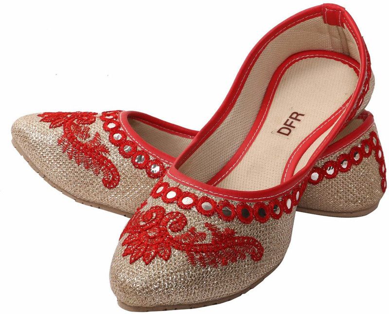Gold glitter with mirror work Jutis For Women  (Red)