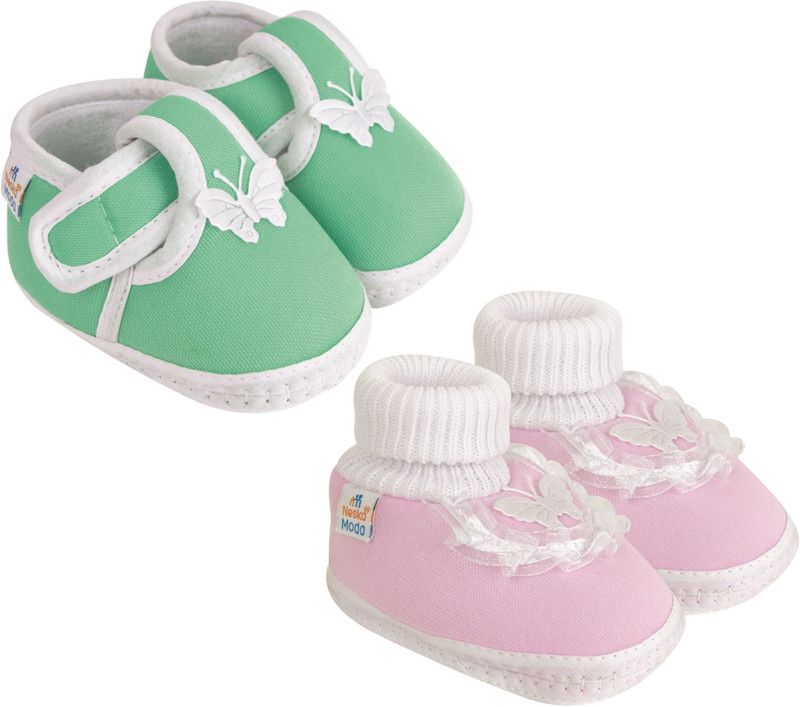 Neska Moda 6 To 12 Months Baby Girls Pack of 2 Pair Cotton Butterfly Frill Booties  (Toe to Heel Length - 12 cm, Mint, Baby Pink)