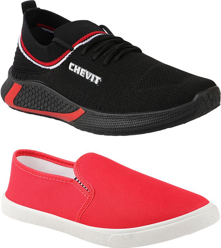 Combo Pack of 2 Stylish, Latest Design Shoes Sneakers For Men  (Black, Red)