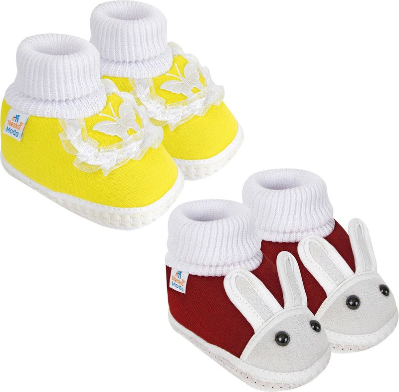 0 To 6 Months Baby Boys & Baby Girls Pack Of 2 Pair Cotton Rabbit & Butterfly Booties  (Toe to Heel Length - 10 cm, Yellow, Maroon)