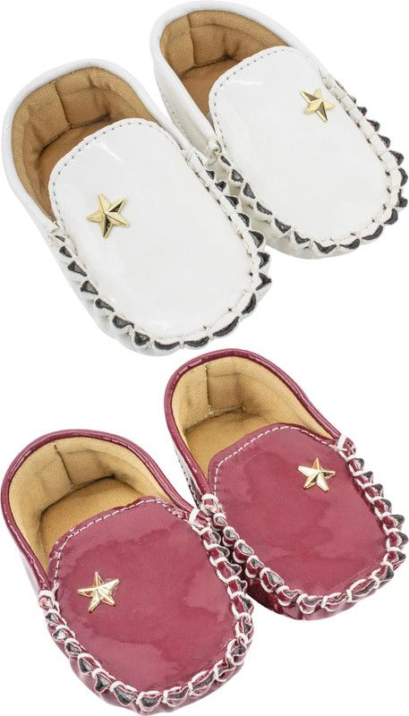 Neska Moda 6 To 9 Months Set Of 2 Pair Baby Boys Synthetic Leather Loafer Booties  (Toe to Heel Length - 12 cm, White, Maroon)