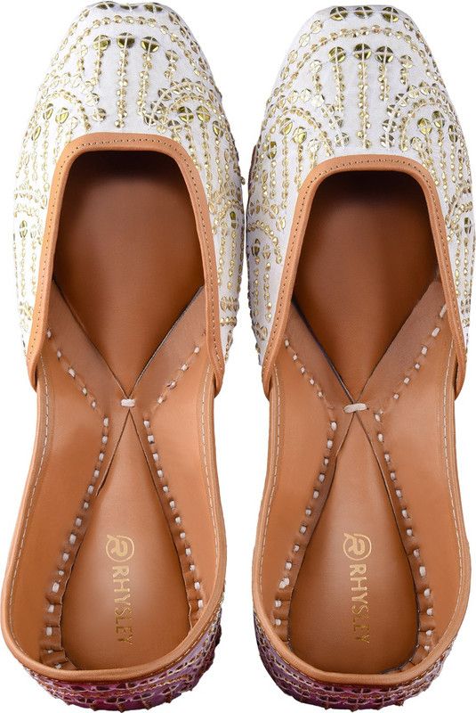 Hand Embroidery Sequin Pure Leather Jutti Jutis For Women  (Off White)
