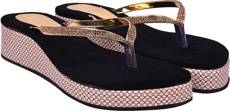 Women Black, Gold Wedges Sandal