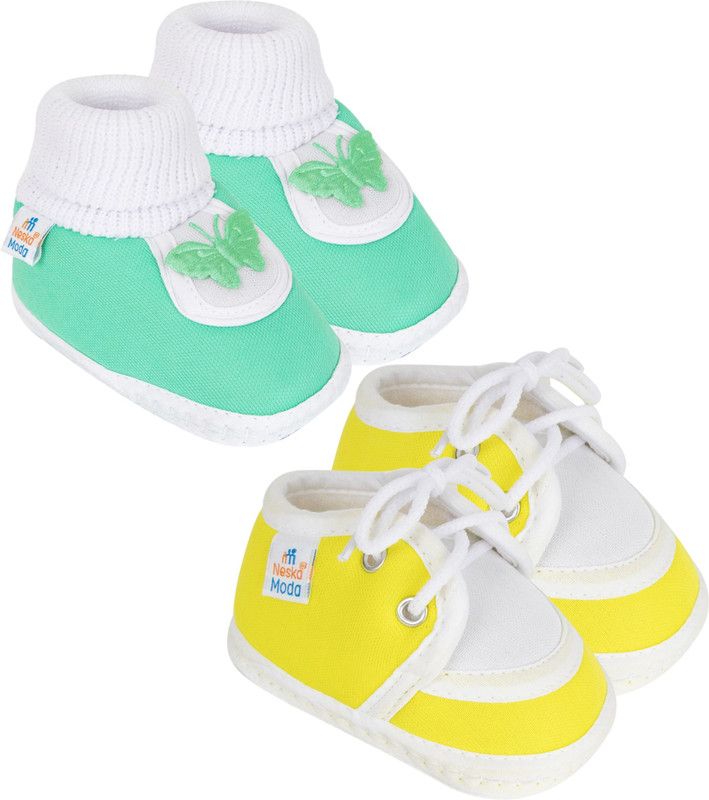 Neska Moda 12 To 18 Months Baby Boys & Baby Girls Pack of 2 Pair Cotton Butterfly and Lace Booties  (Toe to Heel Length - 14 cm, Mint, Yellow)