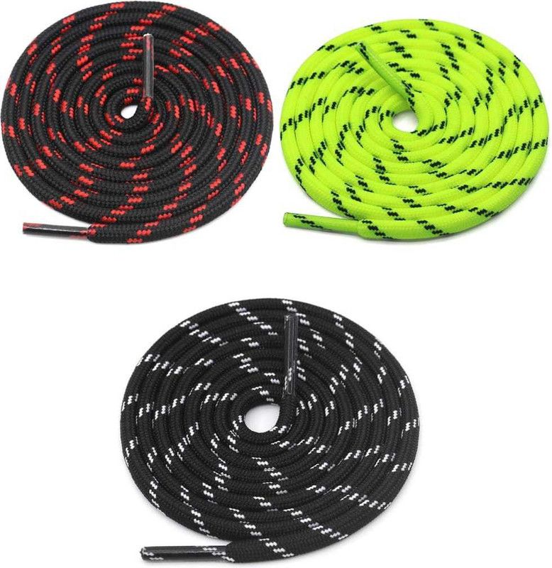 GRAH SANGRAH (1 Pair Per Single Color) Shoelace for Casual, Sport (BLK-Fluorescent-BLK WHT) Shoe Lace  (Black Red, Fluorescent Black, Black White Set of 3)