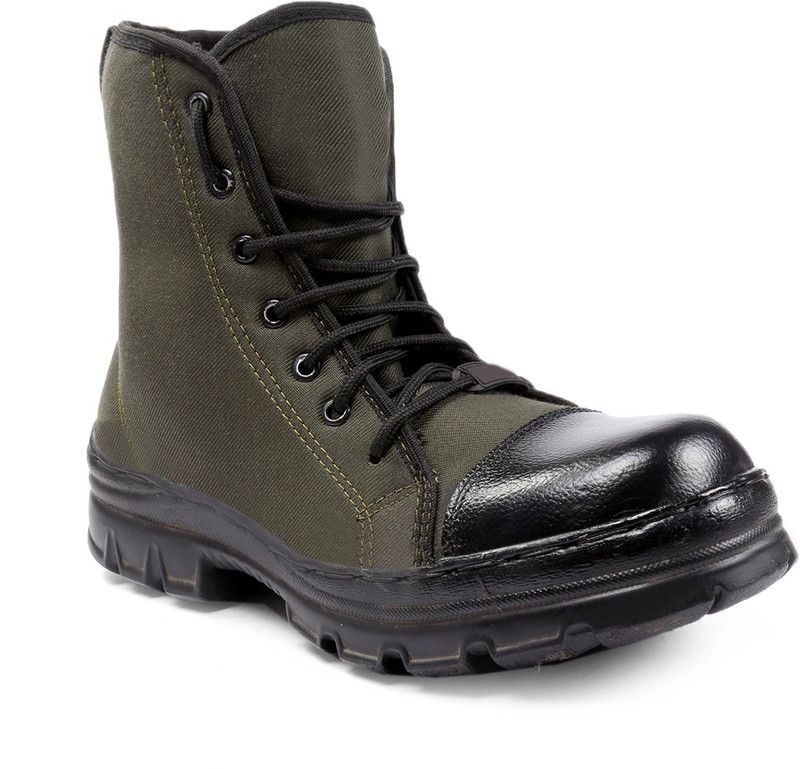 Present Comfortable Mens Army Leather and Green Canvas Long Boot Boots For Men  (Green, Black)