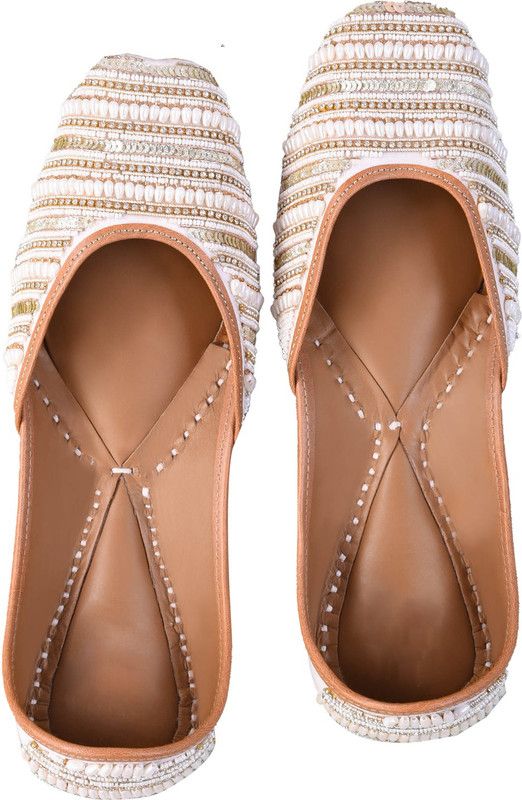 Hand Embroidered Sequins, Zircon Stones & Beads Pure Leather Jutti Jutis For Women  (White)