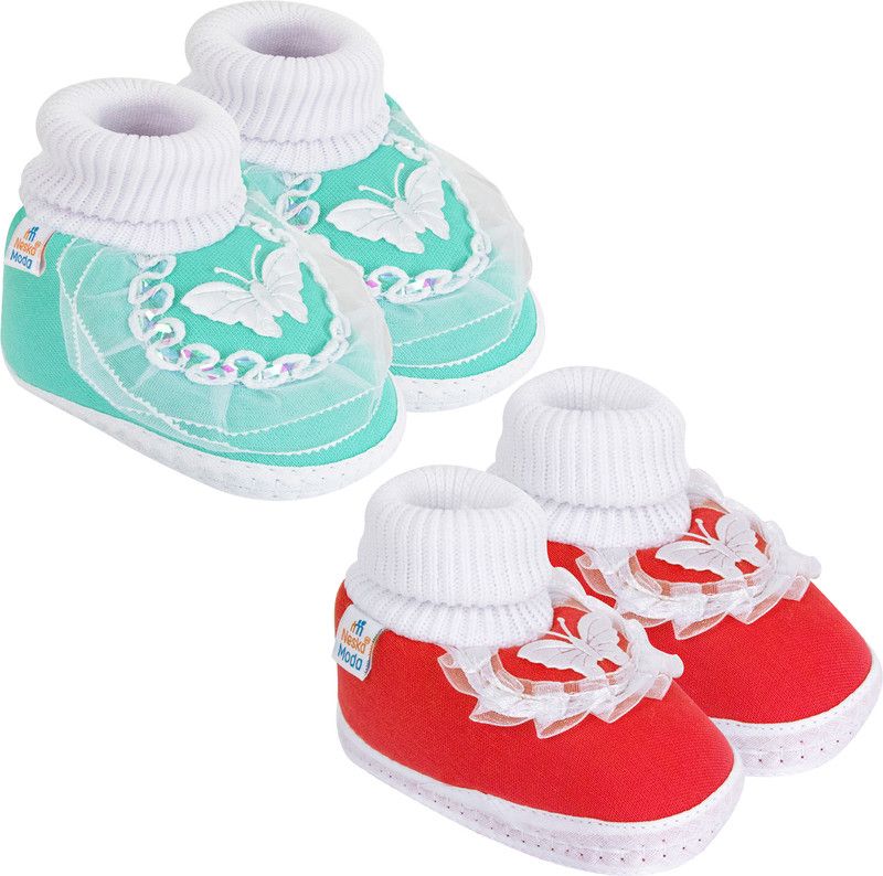 6 To 12 Months Baby Girls Butterfly Frill Booties  (Toe to Heel Length - 12 cm, Red, Mint)