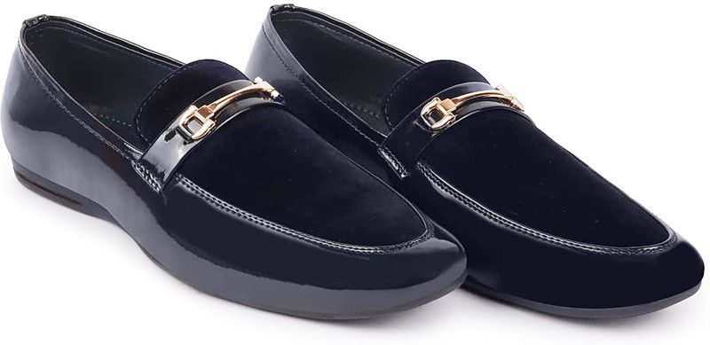 Patent Leather Velvet Horsebit Classic Formal Buckle Loafer Shoes Slip On For Men  (Blue)