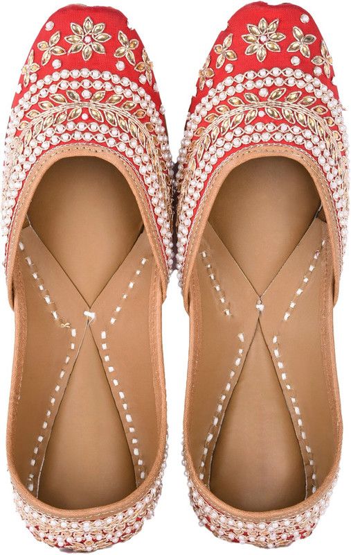 Hand Work Dabka, Kundan Stones, Beads & Cut Dana Panjabi Jutti Jutis For Women  (Red)