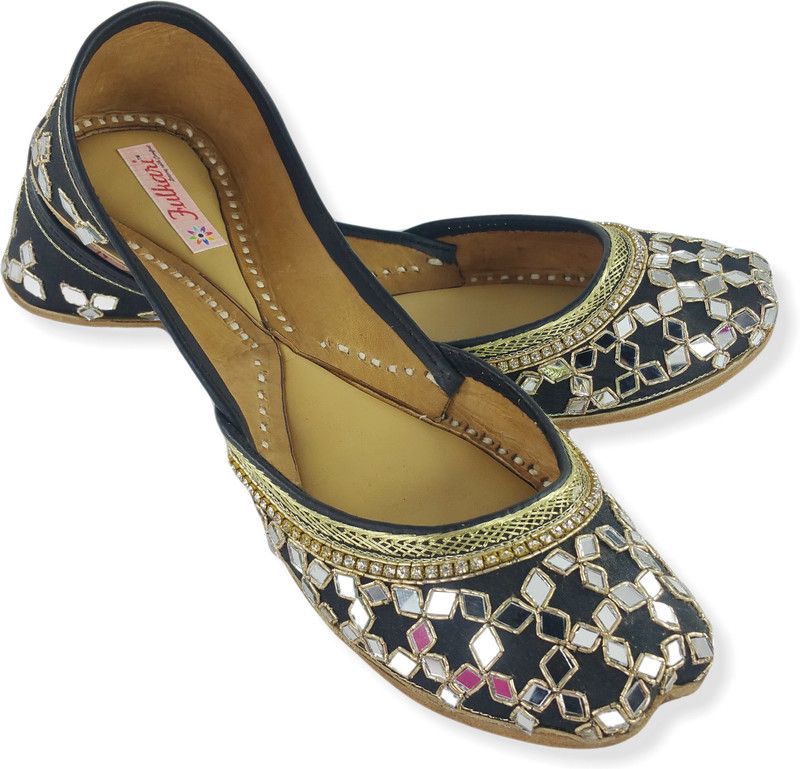 Genuine Leather Comfortable Mirror Gold Jutis For Women  (Gold, Black)