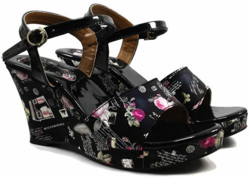 Women Black, Multicolor Wedges Sandal