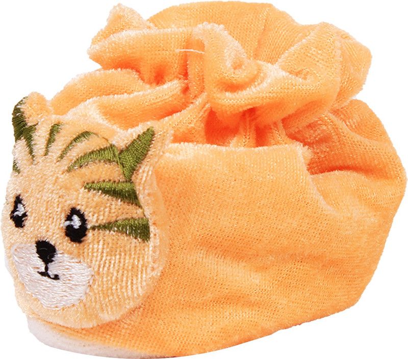 OLE BABY Cute Pussy Cat Soft Velvet Furry Friend Smiling Cartoon Booties  (Toe to Heel Length - 10 cm, Orange)