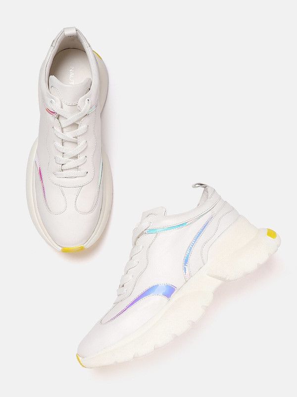 Nautica Women White Solid Sneakers with Iridescent Effect Detail For Women  (White)