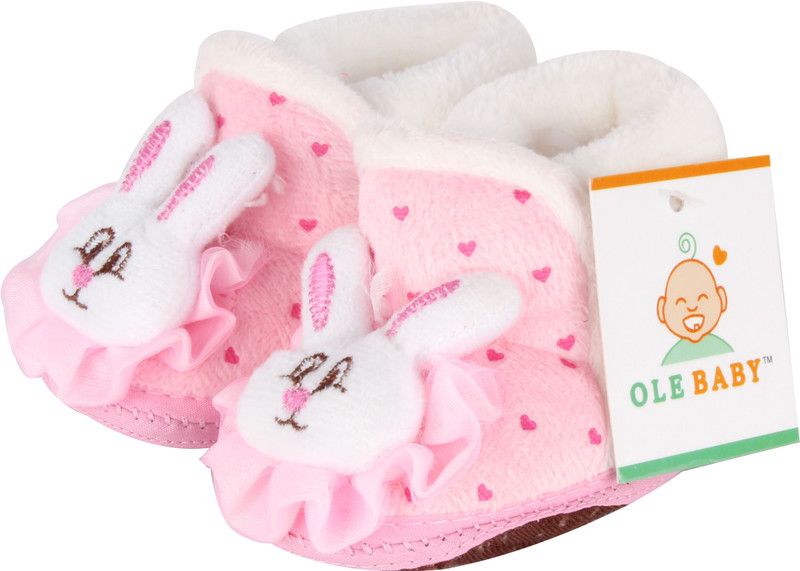 OLE BABY Soft Furry 3d Toons Anti-Skid Booties  (Toe to Heel Length - 11 cm, White, Pink)