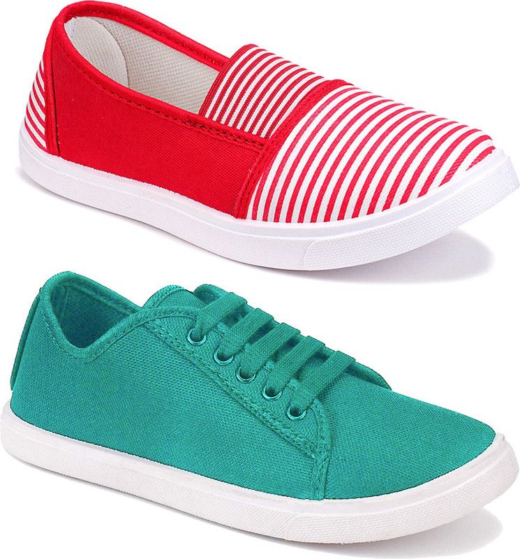 Combo Pack of 2 Latest Collection Of Comfortable Stylish Loafers Slip On Sneakers For Women  (Red, Green, White)