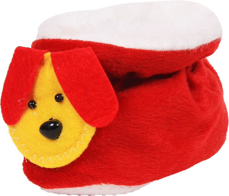 OLE BABY Dog Soft Velvet Furry Friend Smiling Cartoon Booties  (Toe to Heel Length - 10 cm, Red)