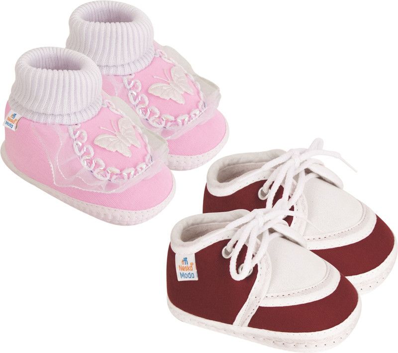 Neska Moda 12 To 18 Months Baby Boys & Baby Girls Pack Of 2 Pair Cotton Butterfly & Lace Booties  (Toe to Heel Length - 14 cm, Baby Pink, Maroon)