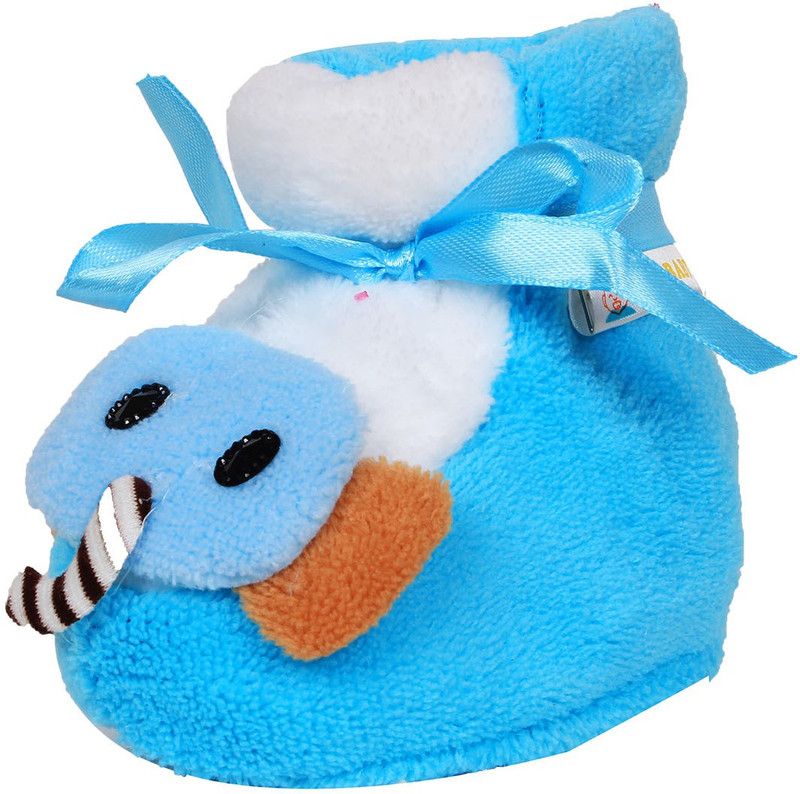 OLE BABY Elephant Plush Soft Furry Organic 3d Toons 0-9 Months Booties  (Toe to Heel Length - 10 cm, Blue)