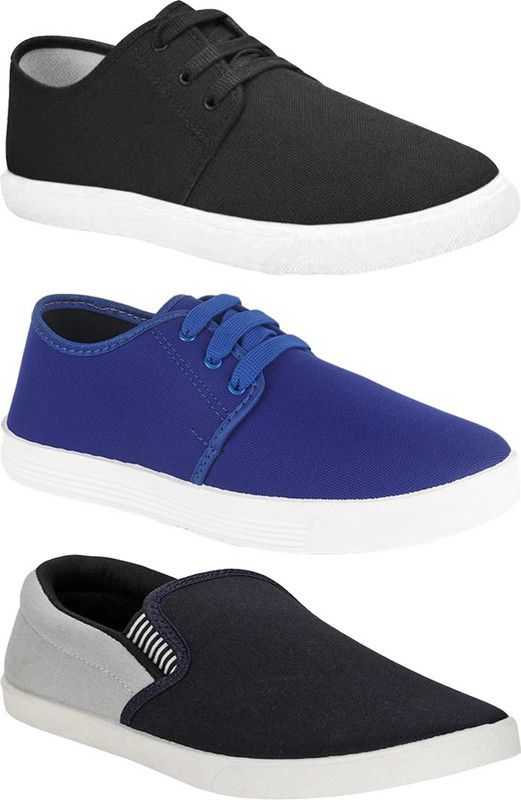 Lightweight Combo Pack Of 3 Trendy Sneakers Canvas Shoes For Men  (Black, Blue, Grey)