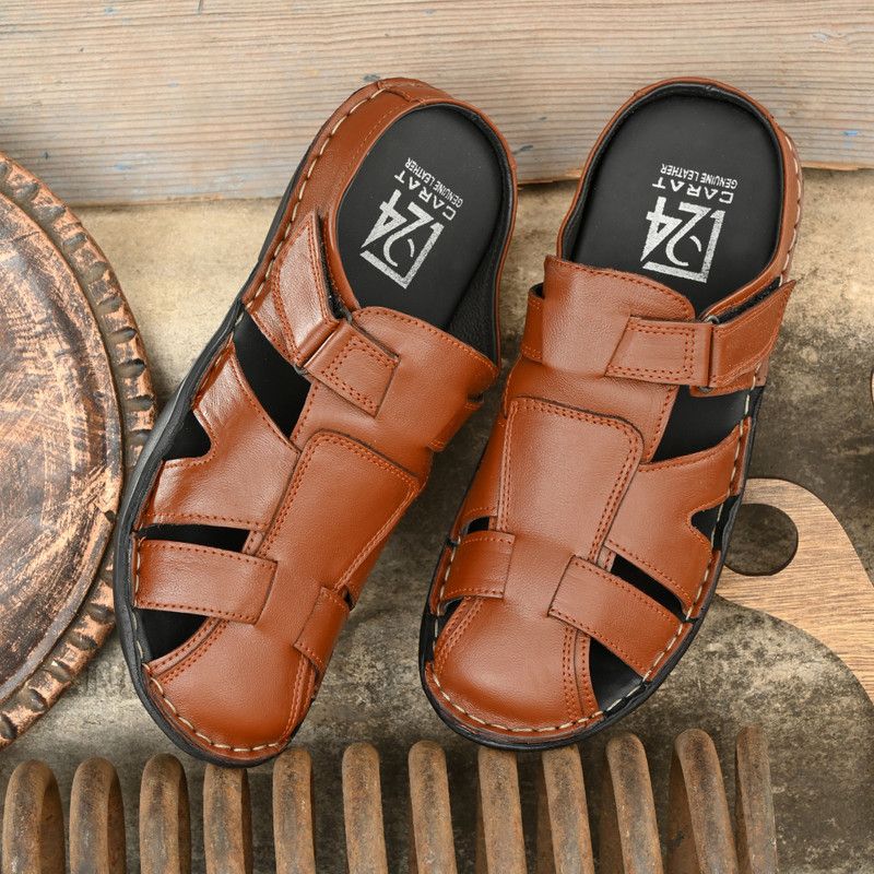 Men Handcrafted Leather Mules Tan Sandal