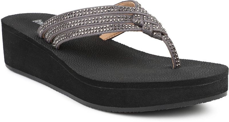 Women Grey, Black Wedges Sandal