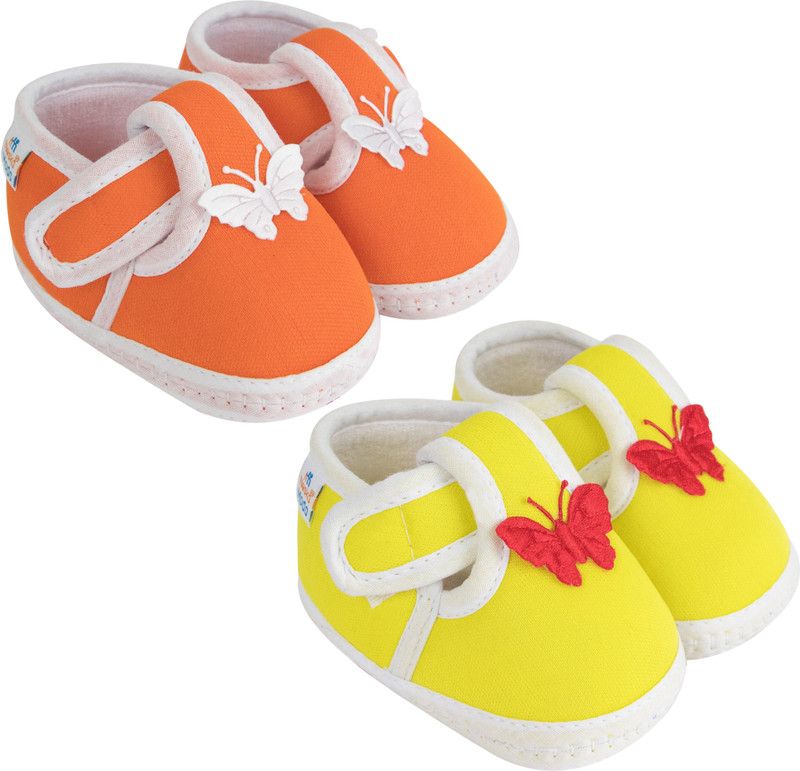 Neska Moda 0 To 6 Months Set of 2 Pair Cotton Butterfly Velcro Baby Booties  (Toe to Heel Length - 10 cm, Orange, Yellow)