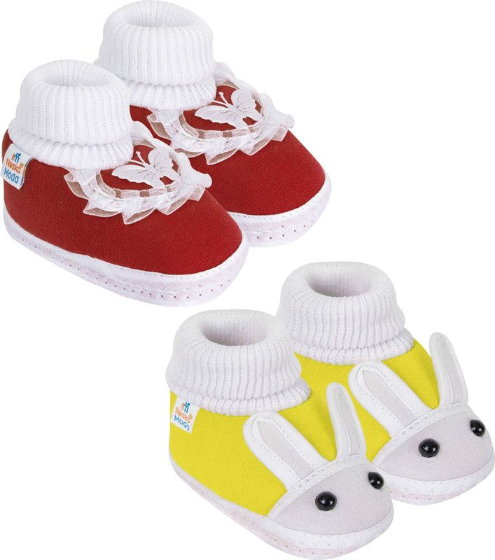 Neska Moda 6 To 12 Months Baby Boys & Baby Girls Pack of 2 Pair Cotton Butterfly & Rabit Booties  (Toe to Heel Length - 12 cm, Maroon, Yellow)