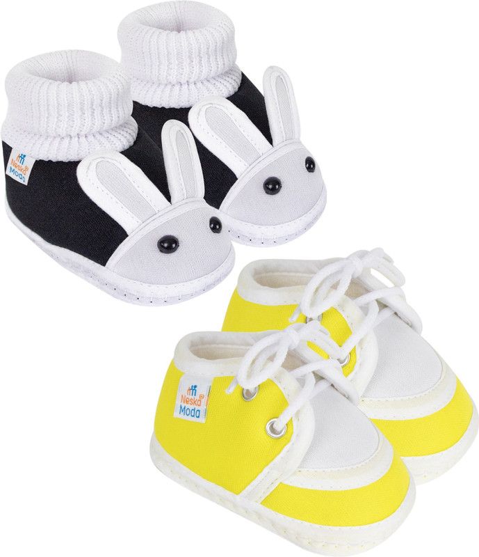 6 To 12 Months Pack of 2 Pair Cotton Rabbit Face and Lace Booties  (Toe to Heel Length - 12 cm, Black, Yellow)