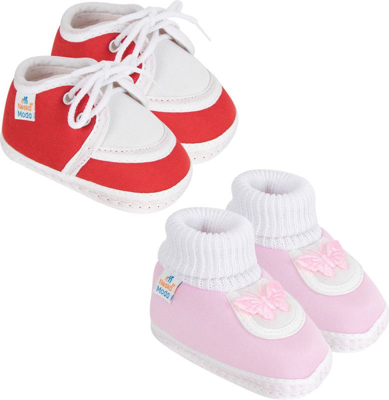 Neska Moda 0 To 6 Month Set of 2 Pair Baby Booties  (Toe to Heel Length - 10 cm, Red, Baby Pink)