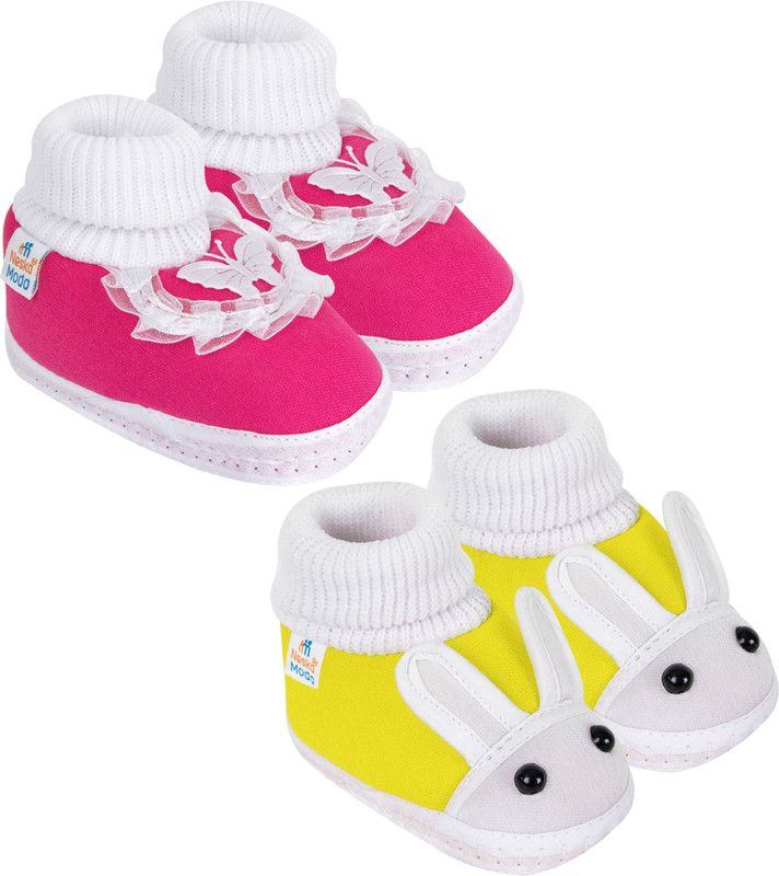 Neska Moda 6 To 12 Months Pack of 2 Pair Cotton Butterfly Frill and Rabit Face Baby Booties  (Toe to Heel Length - 12 cm, Rani, Yellow)