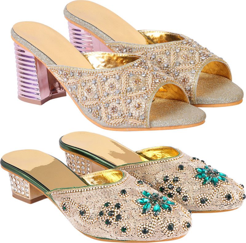 Women Gold, Green Heels Sandal