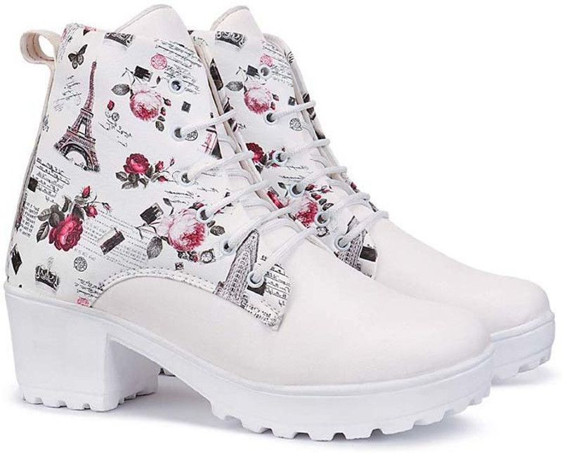 High Ankle Printed Synthetic Leather Boots For Womens And girls Boots For Women  (White)