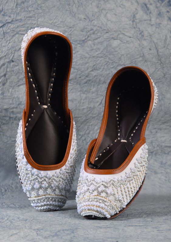 White Beads & Cutdana Hand Embroidered Pure Leather Jutis For Women  (White)