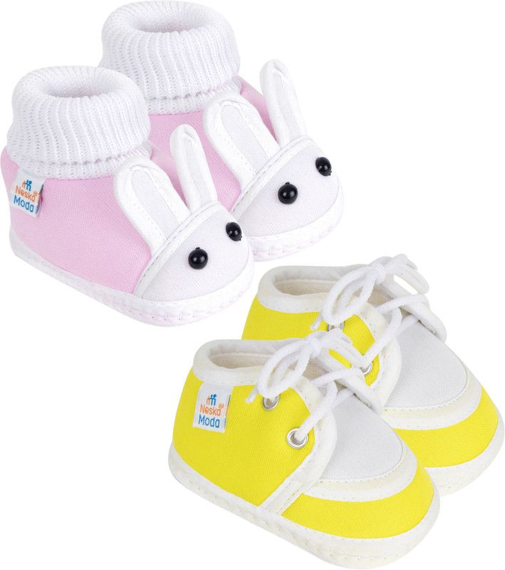 Neska Moda 6 To 12 Months Pack of 2 Pair Cotton Rabbit Face and Lace Baby Booties  (Toe to Heel Length - 12 cm, Baby Pink, Yellow)