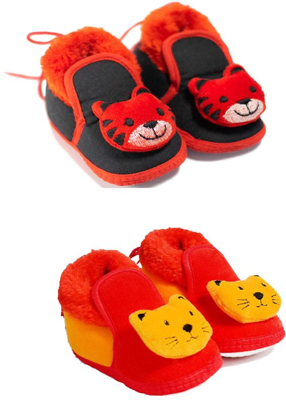 Mynekids Pack of 2 Teddy Style Cotton Smart Denim & Fur Anti Skid Booties for 6 to 12 Months, 0-6 Months Boys and Girls , Multicolor booties combo ( Red & orange ) Booties  (Toe to Heel Length - 12 cm, Red, Orange)
