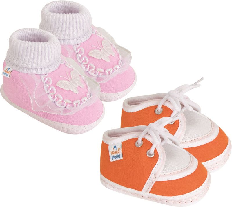 Neska Moda 6 To 12 Months Baby Boys & Baby Girls Pack of 2 Pair Cotton Butterfly & Lace Booties  (Toe to Heel Length - 12 cm, Baby Pink, Orange)