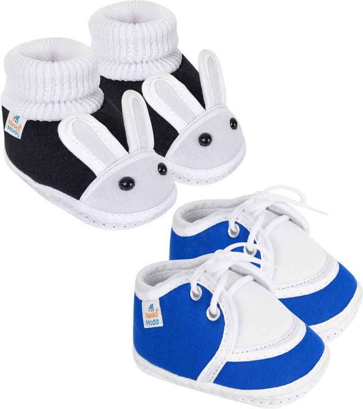 Neska Moda 0 To 6 Months Baby Boys & Baby Girls Pack of 2 Pair Cotton Rabbit Face and Lace Booties  (Toe to Heel Length - 10 cm, Black, Blue)