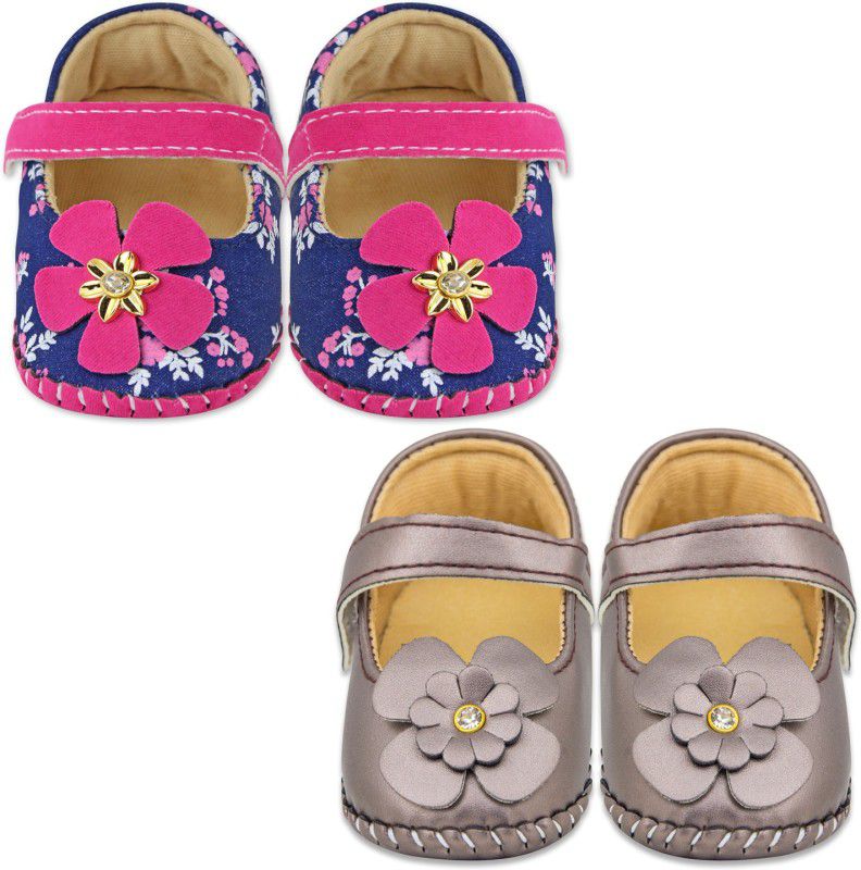 6 To 12 Months Baby Girls Synthetic Leather Party Wear Floral Sandal Booties  (Toe to Heel Length - 12 cm, Rani Pink, Dark Blue, Dark Brown)
