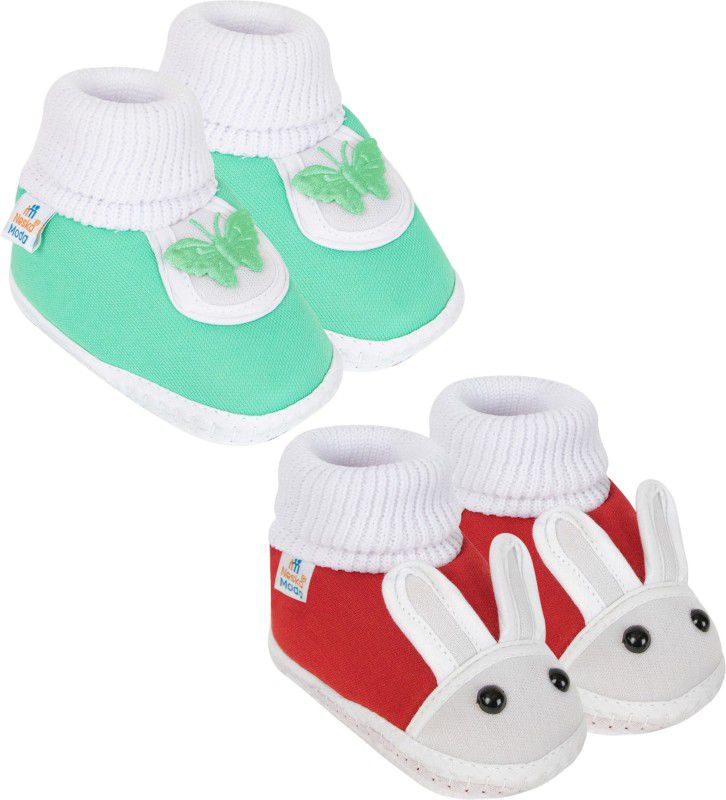 6 To 12 Months Pack of 2 Pair Cotton Butterfly and Rabit Face Booties  (Toe to Heel Length - 12 cm, Light Green, Red)