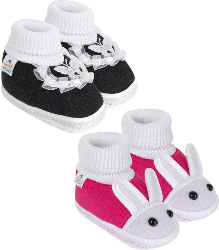 6 To 12 Months Pack of 2 Pair Cotton Butterfly Frill and Rabit Face Booties  (Toe to Heel Length - 12 cm, Black, Rani)