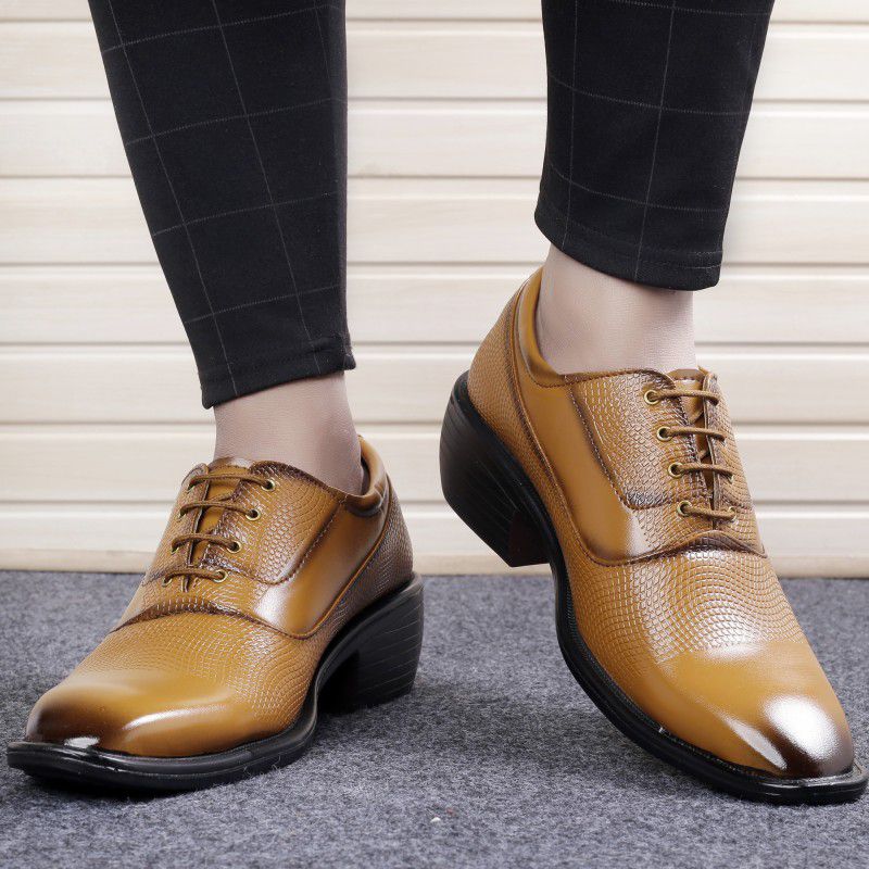 Fashion Lace-Up Height Shoe Formal Dress Shoes for Men's Office wear Shoes Lace Up For Women  (Tan)