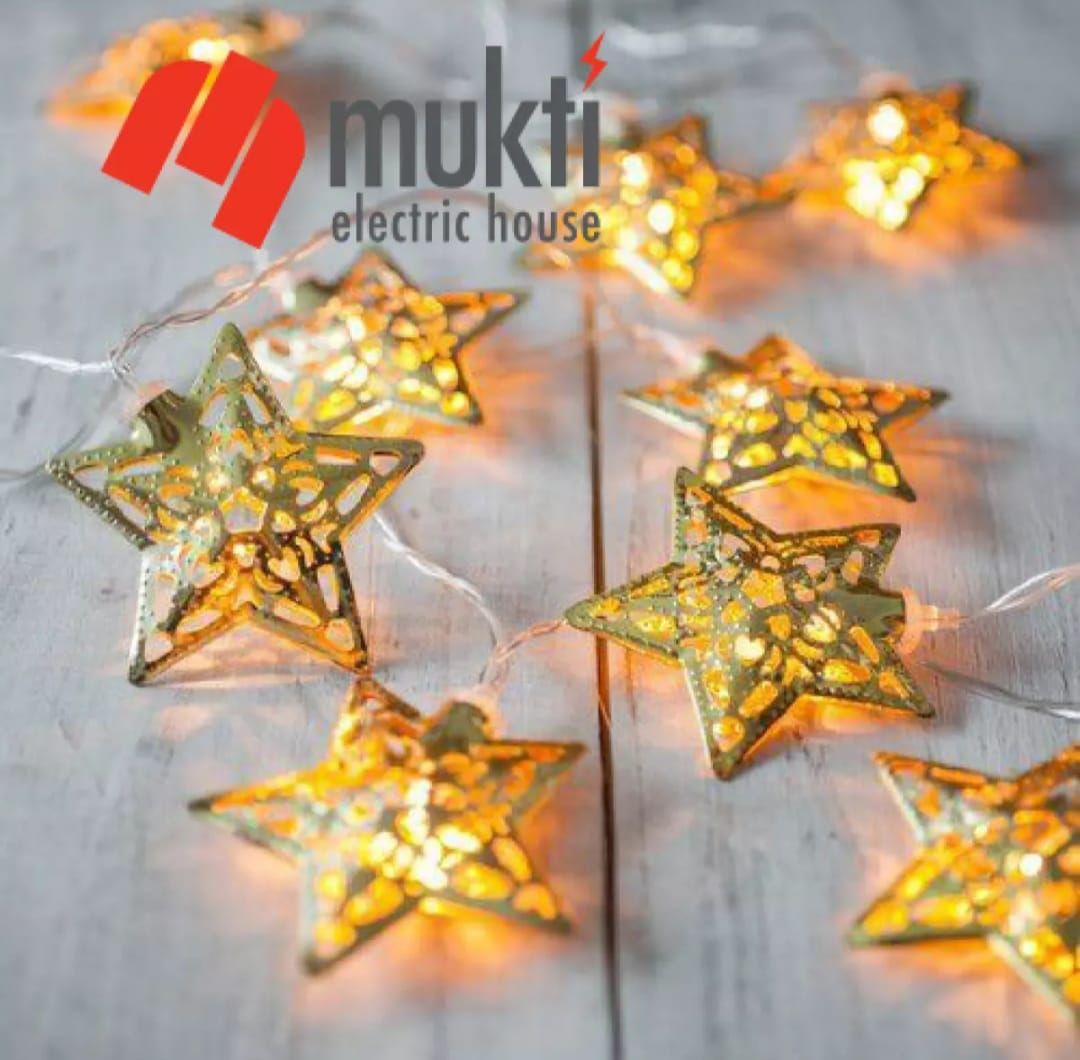 Golden Colored Metal Star Warm Led Lights Fairy Decorative 20 Pcs Set Colour String Lamp For Festival Home Decoration Wedding Party Eid Christmas Room Curtain Xmas Bedroom - Light Decoration