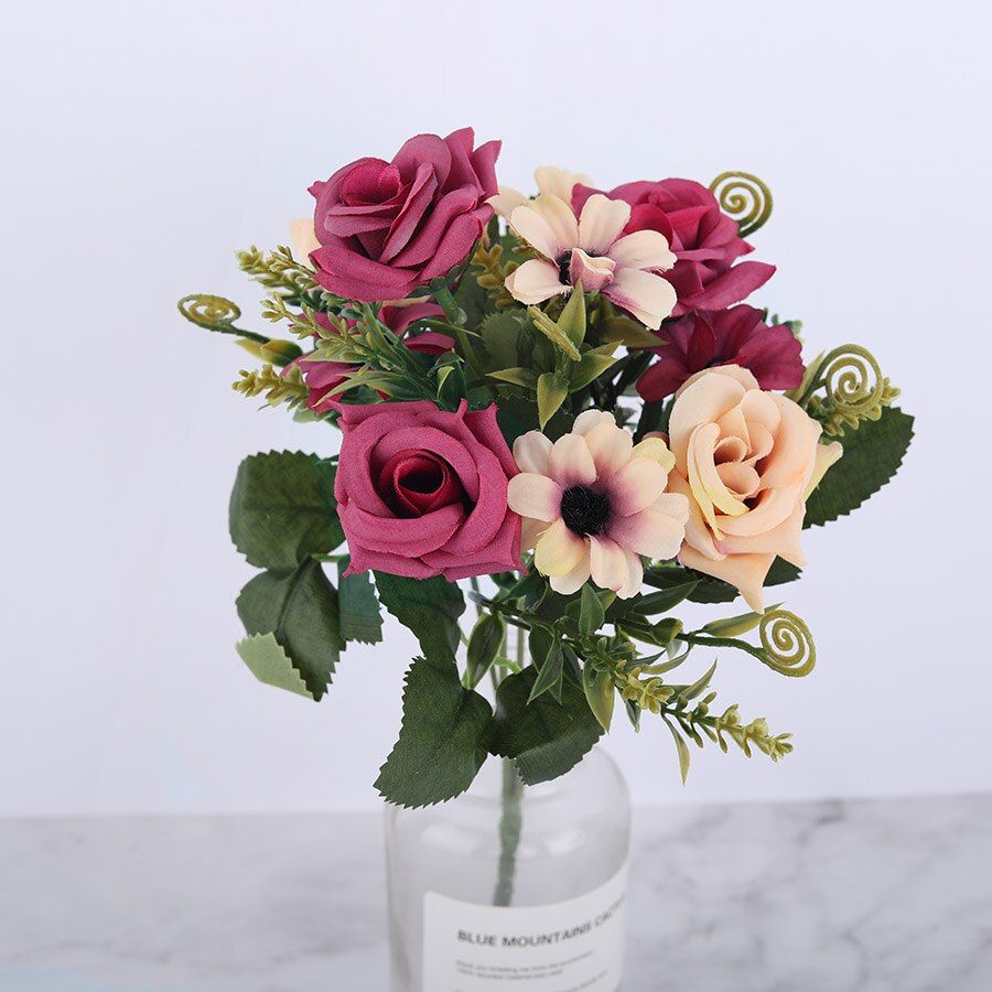 Small Artificial Rose Silk Flowers Red Wedding Faux Flowers for Home Living Room Decoration Fake Rose Craft Flowers
