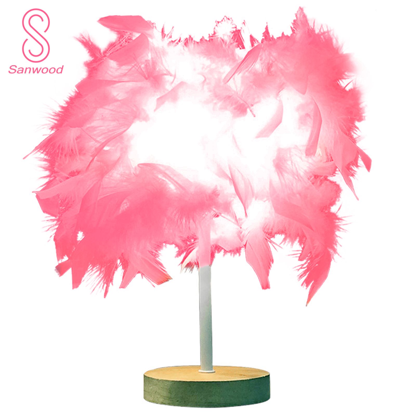 Table Light Energy-saving Stable Base Wood Feather Lampshade Night Light for Home