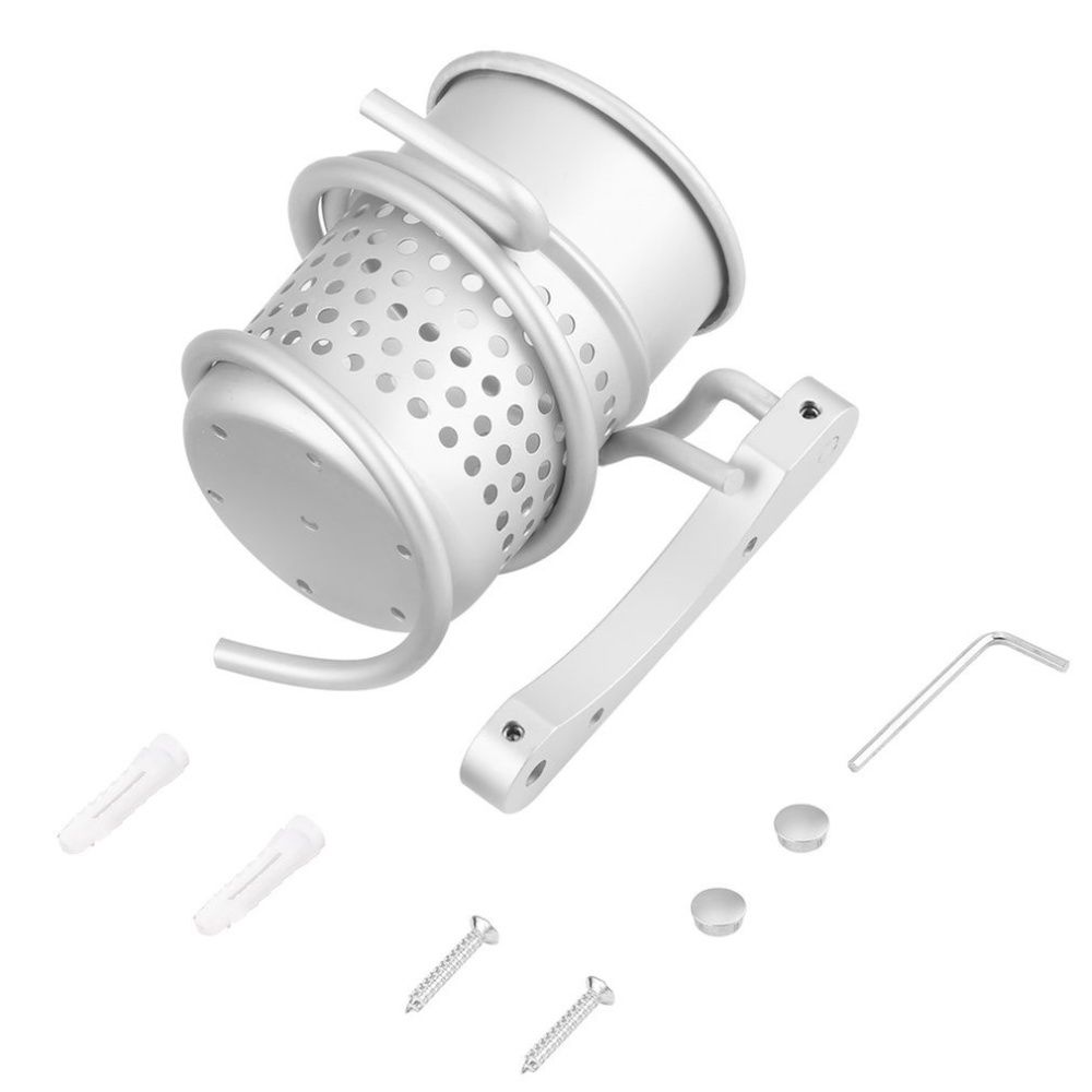 Bathroom Wall Mount Hair Dryer Holder Rack+Comb Storage Cutout Cup Organizer Silver